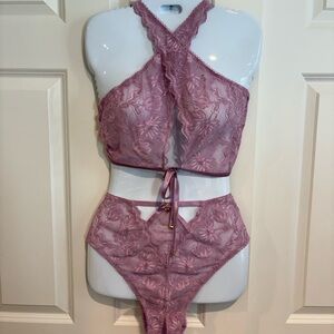 Mentionables Sheer Lace Cross-Back Bralette & High-Waist Brief Set - Mauve Pink